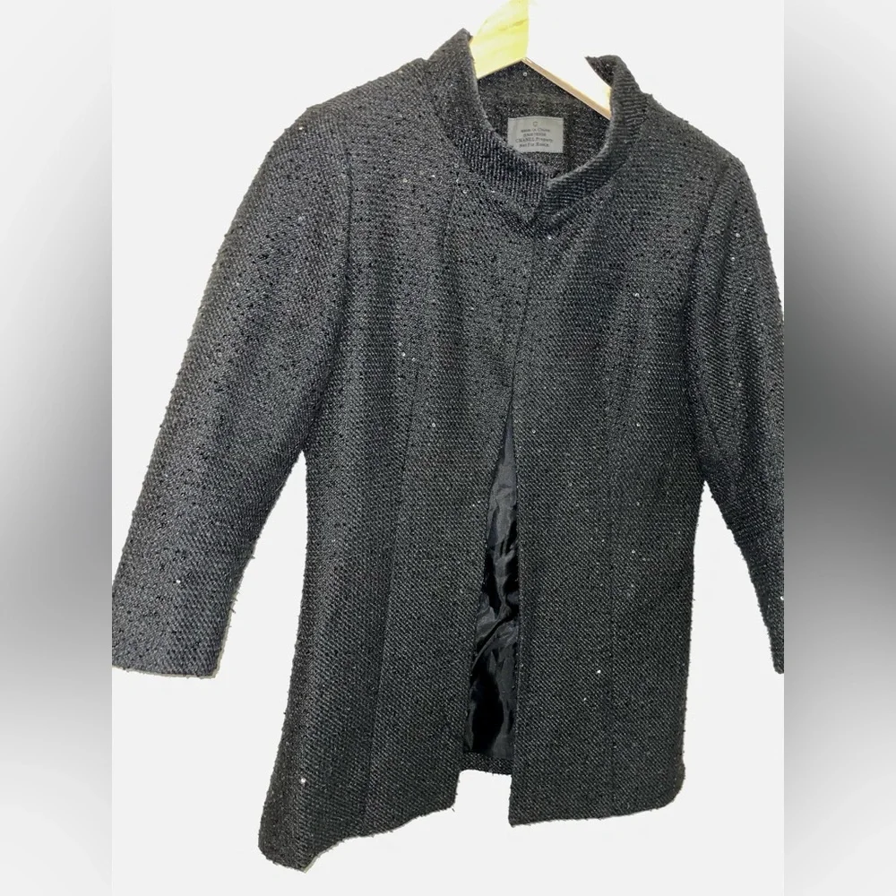 CHANEL Black Sequence Tweed 3/4 Sleeve Blazer Fit Size Small